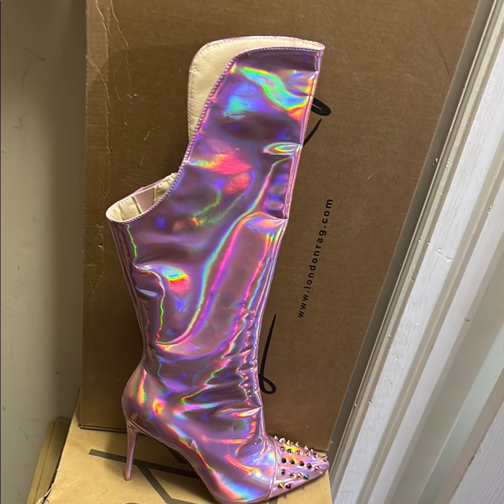 Pink Heeled Boots with Iridescent Shine